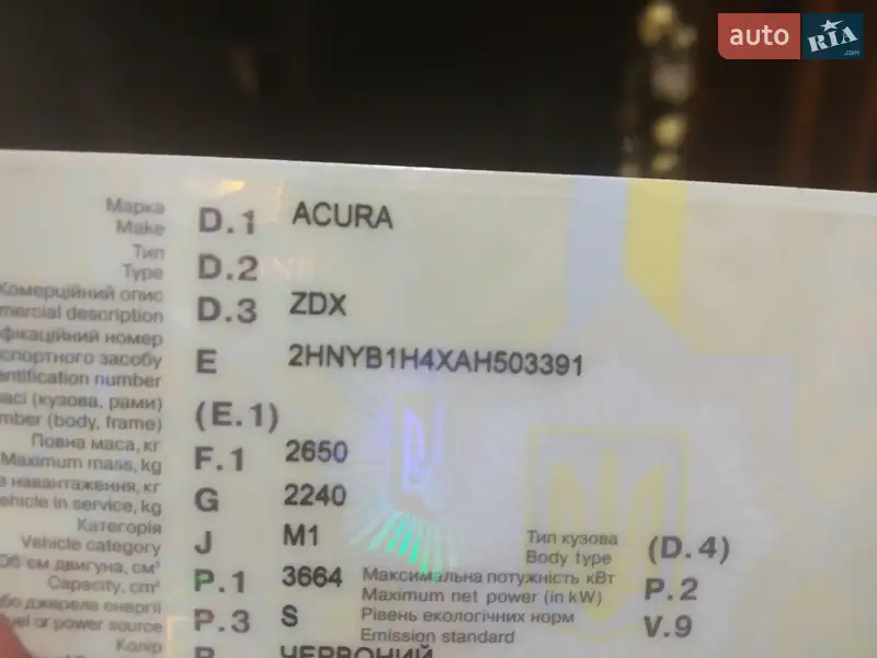 Внедорожник / Кроссовер Acura ZDX 2010 в Киеве документ