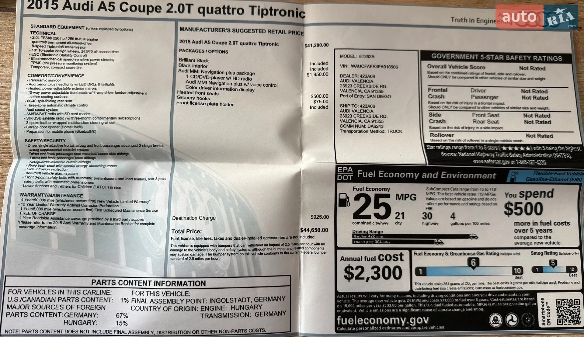 Audi A5 2014 VIN WAUCFAFR4FA010506 фото оголошення 5 з 9