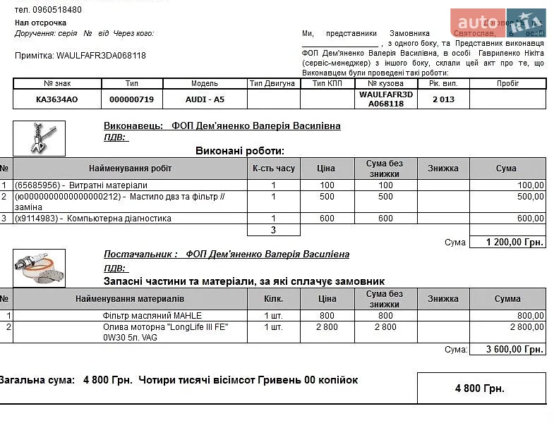Купе Audi A5 2013 в Києві документ