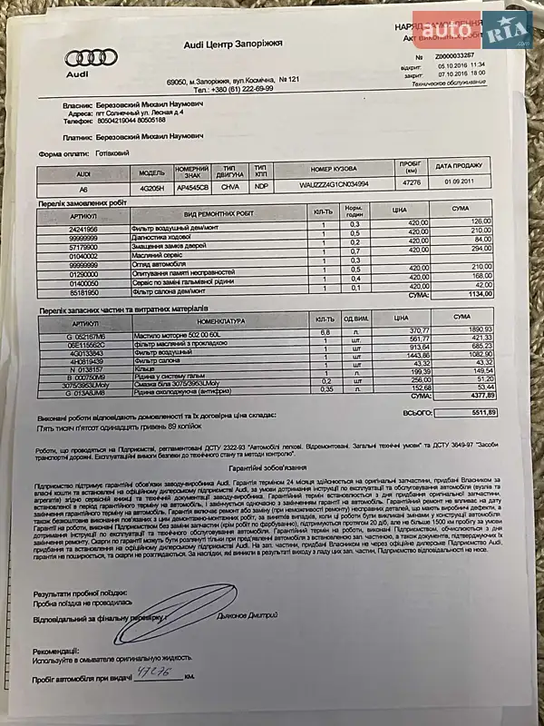 Седан Audi A6 2011 в Первомайську документ