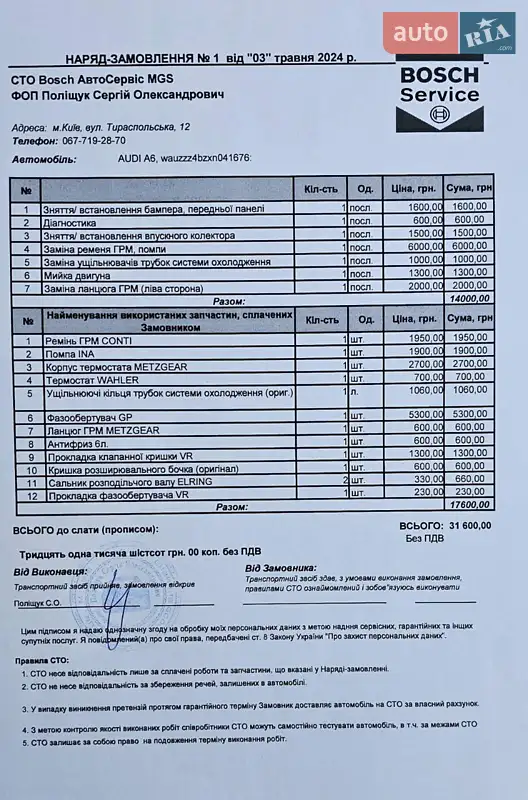 Седан Audi A6 1998 в Киеве документ