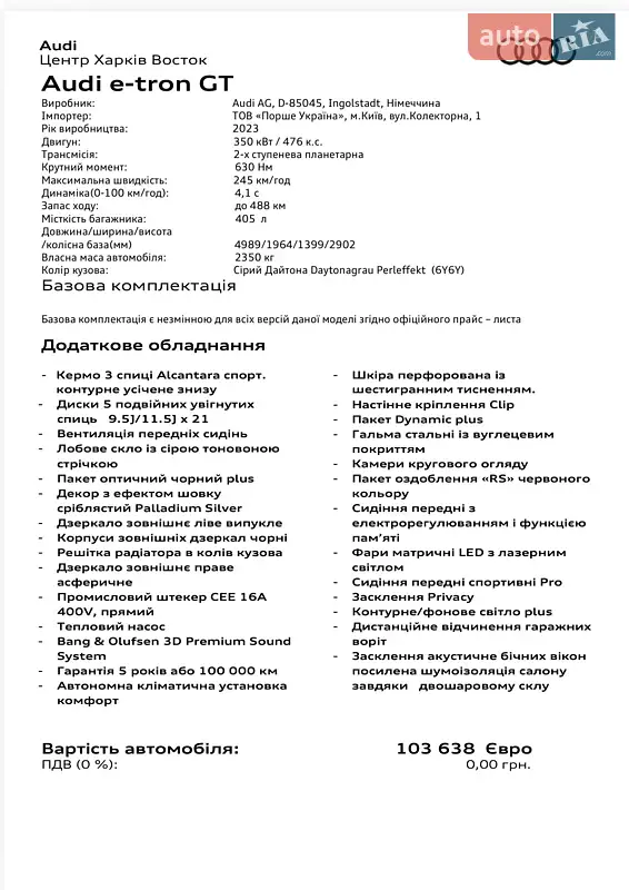 Ліфтбек Audi e-tron GT 2023 в Харкові документ
