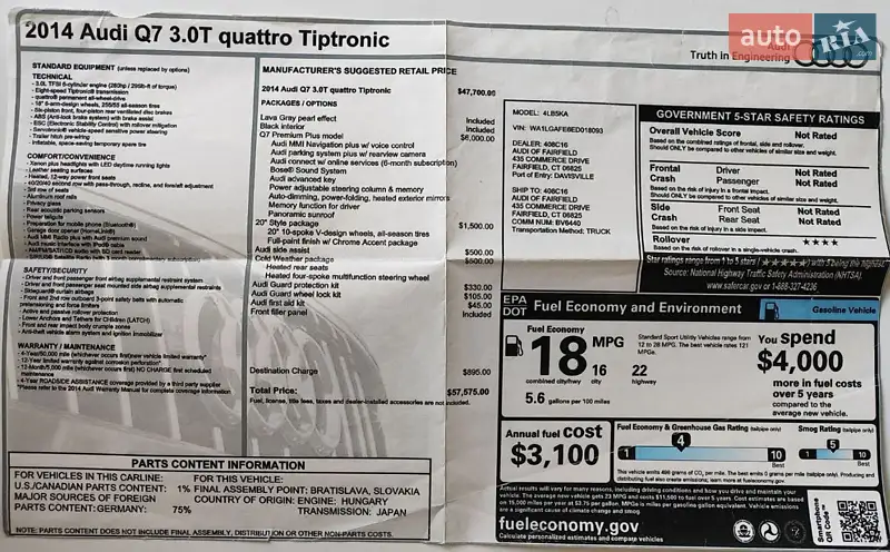 Внедорожник / Кроссовер Audi Q7 2014 в Киеве документ