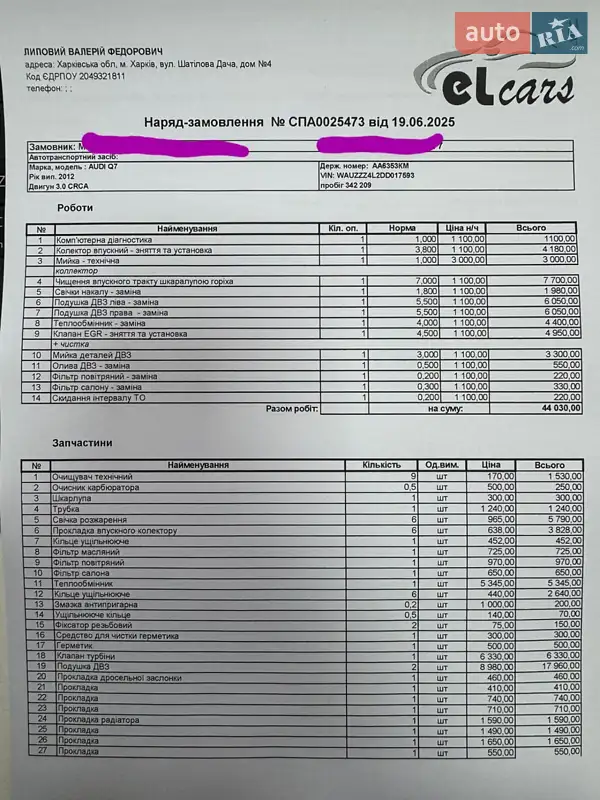 Внедорожник / Кроссовер Audi Q7 2012 в Харькове документ