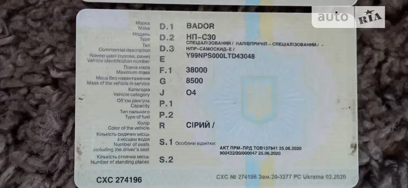 Самоскид напівпричіп Bador НП-С 30 2020 в Хмельницькому документ