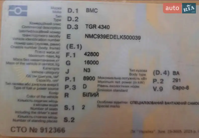 Самоскид BMC TGR 4340 2021 в Києві документ