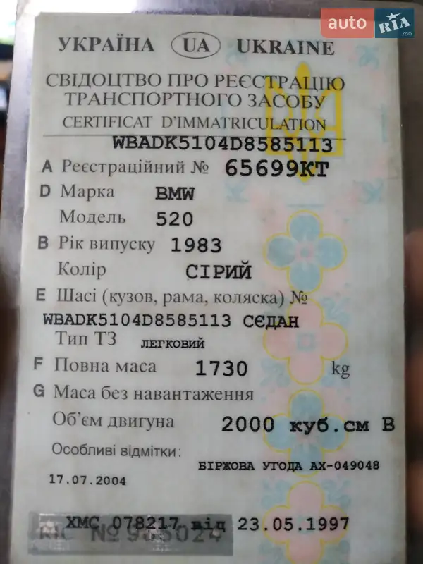 Седан BMW 5 Series 1983 в Маневичах документ