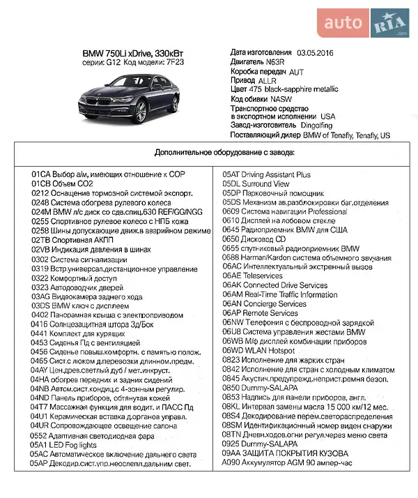 Седан BMW 7 Series 2016 в Киеве документ