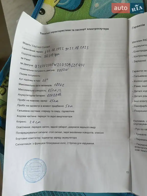 Скутер Citycoco Connect 2022 в Львові документ