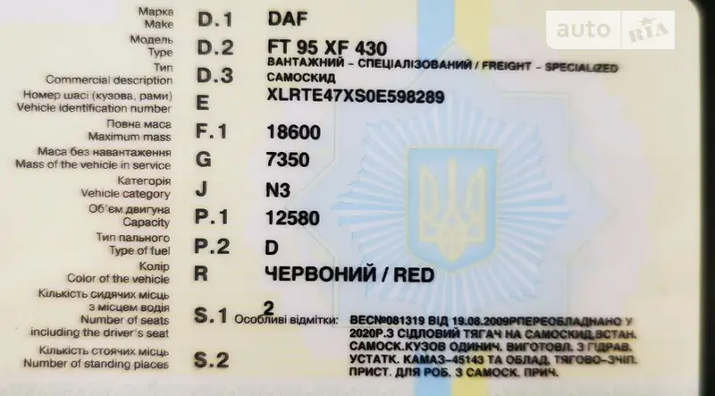 Самосвал DAF FT 95 2002 в Первомайске документ
