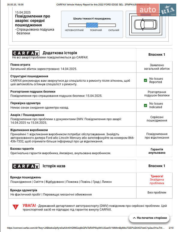 Внедорожник / Кроссовер Ford Edge 2022 в Киеве