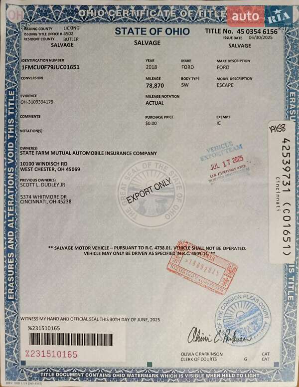 Внедорожник / Кроссовер Ford Escape 2018 в Киеве