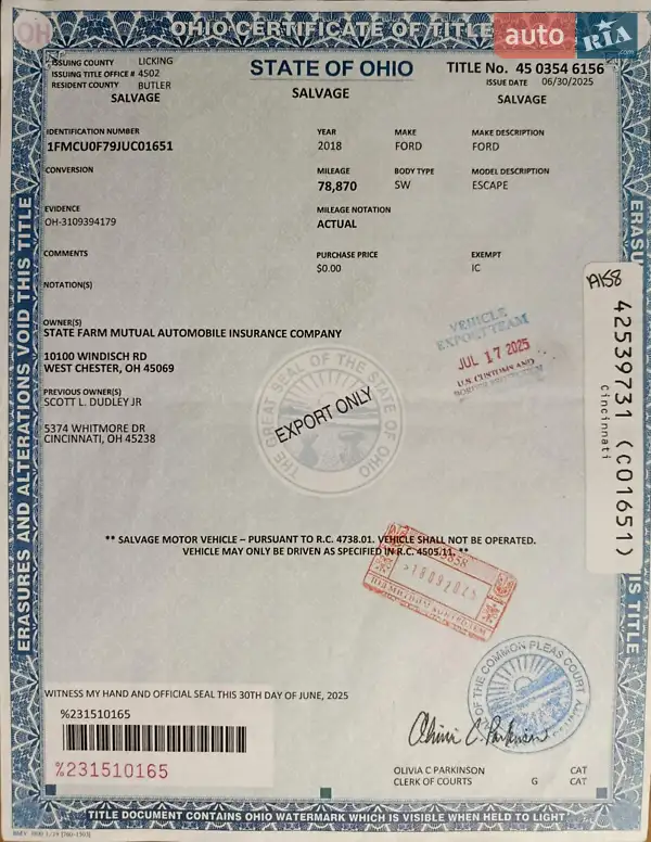 Внедорожник / Кроссовер Ford Escape 2018 в Киеве документ