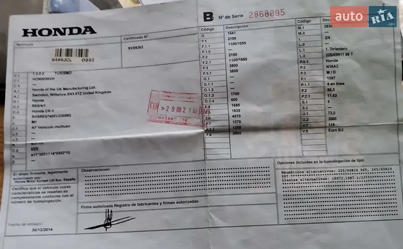 Внедорожник / Кроссовер Honda CR-V 2014 в Калуше документ