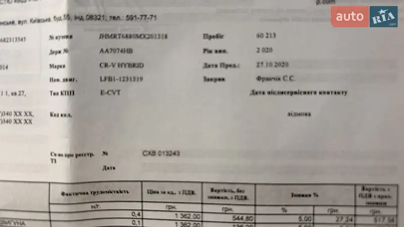 Внедорожник / Кроссовер Honda CR-V 2020 в Киеве документ 4 фото Внедорожник / Кроссовер Honda CR-V 2020 в Киеве документ