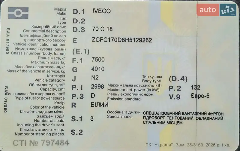 Вантажний фургон Iveco Daily 2016 в Ковелі документ