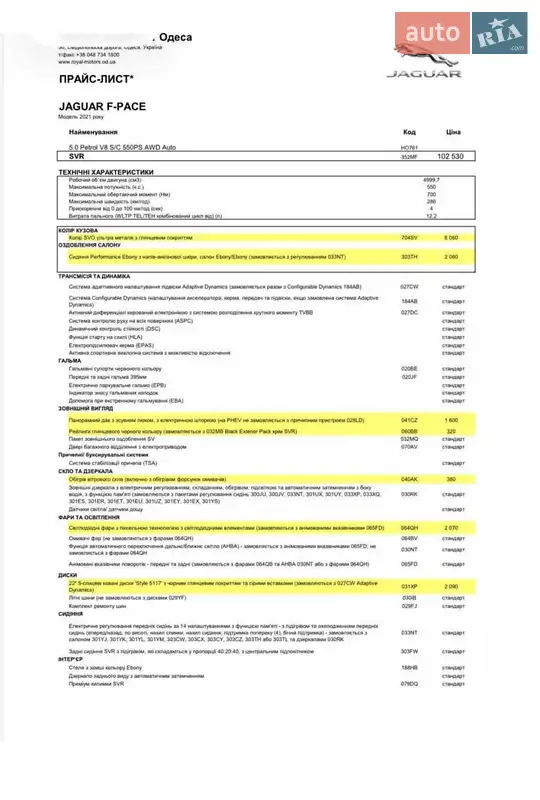 Внедорожник / Кроссовер Jaguar F-Pace 2021 в Киеве документ