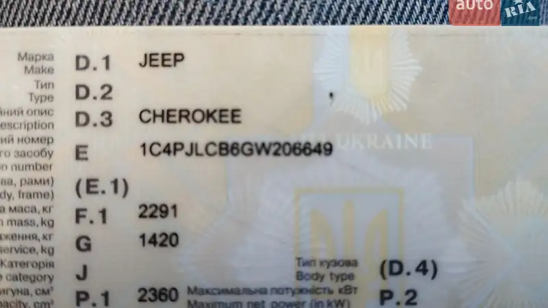 Внедорожник / Кроссовер Jeep Cherokee 2015 в Кривом Роге документ