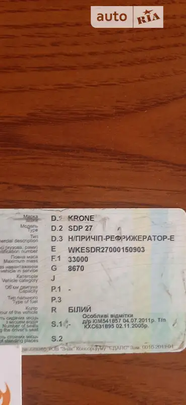 Рефрижератор полуприцеп Krone BPW 2001 в Мукачево документ