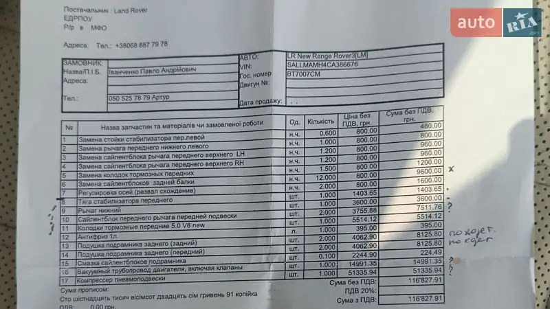 Позашляховик / Кросовер Land Rover Range Rover 2012 в Києві документ