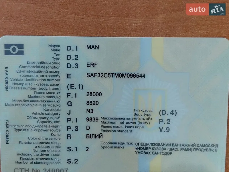 Самоскид MAN ERF 2001 в Одесі документ
