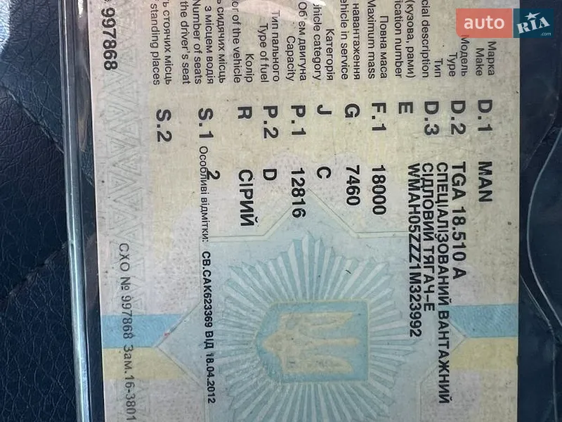 Тягач MAN TGA 2001 в Великій Багачці документ