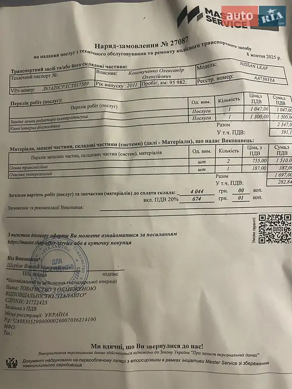 Хэтчбек Nissan Leaf 2011 в Броварах документ