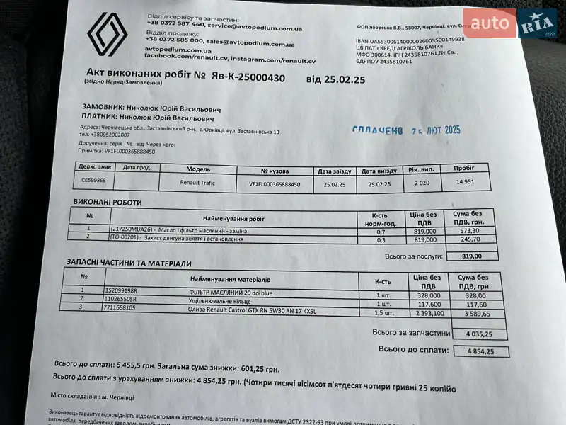 Минивэн Renault Trafic 2020 в Черновцах документ