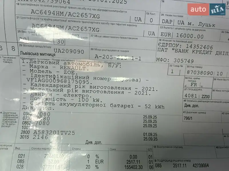 Хэтчбек Renault Zoe 2021 в Киеве документ