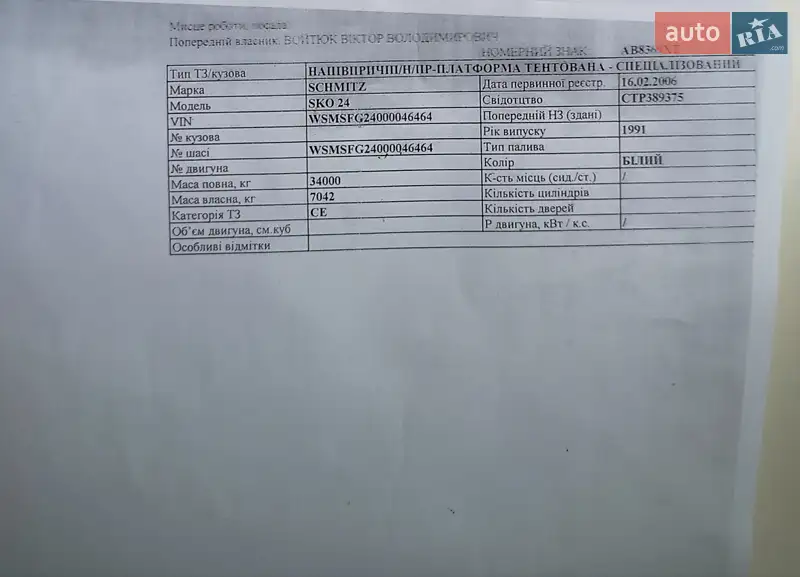 Платформа полуприцеп SCHMIDT SKO 1991 в Казатине документ 2 фото Платформа полуприцеп SCHMIDT SKO 1991 в Казатине документ