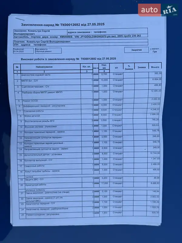 Седан Subaru Impreza WRX 2005 в Житомире документ