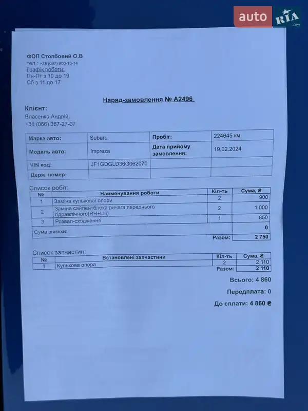 Седан Subaru Impreza WRX 2005 в Житомире документ