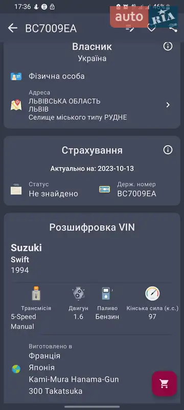 Седан Suzuki Swift 1989 в Львове документ