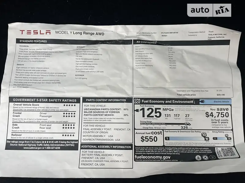 Внедорожник / Кроссовер Tesla Model Y 2022 в Днепре документ