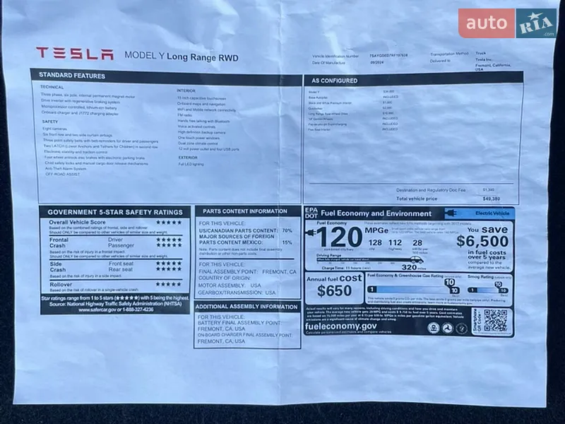 Внедорожник / Кроссовер Tesla Model Y 2024 в Житомире документ