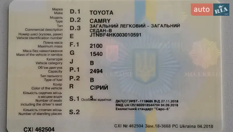 Седан Toyota Camry 2018 в Киеве документ