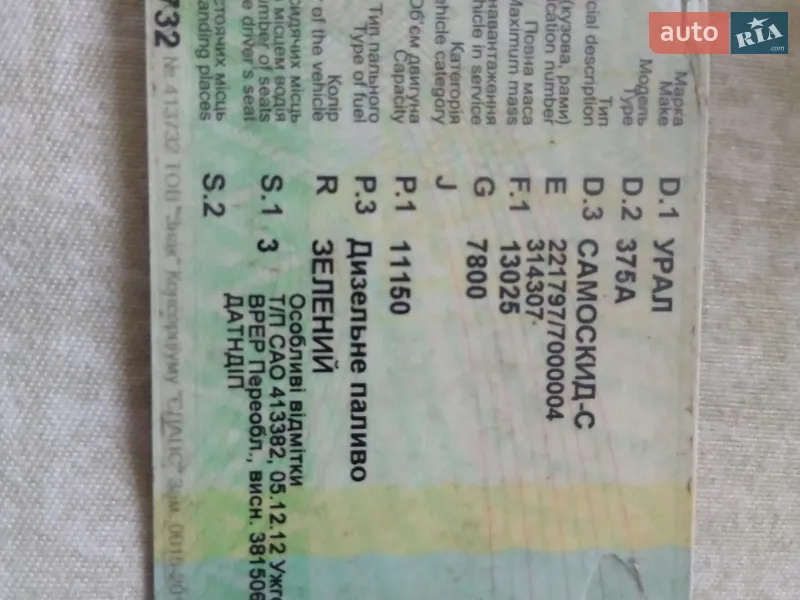 Шасси Урал 375 1979 в Шацке документ