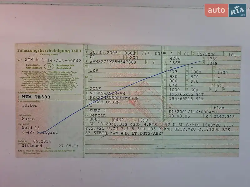Хэтчбек Volkswagen Golf 2005 в Желтых Водах документ
