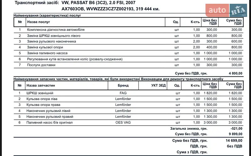 Седан Volkswagen Passat 2007 в Харкові документ