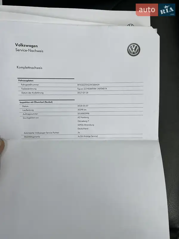 Внедорожник / Кроссовер Volkswagen Tiguan 2017 в Млинове документ