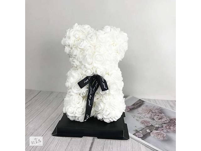 Мишка из красных роз 25 см в подарочной коробке 3D Teddy Flower Белый+Кулон I love you