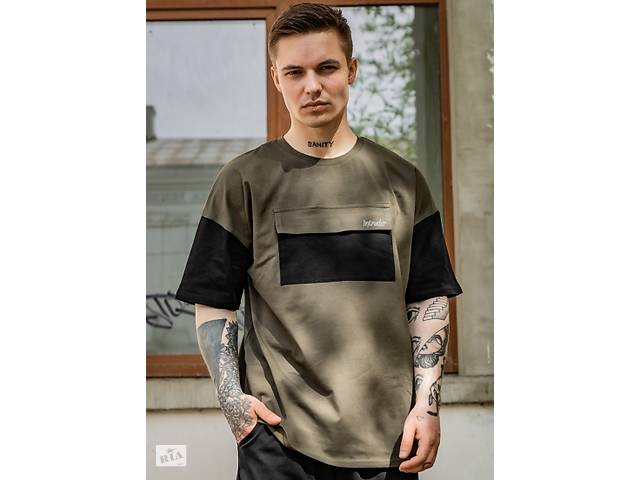 Футболка мужская спортивная Freedom хаки с черным трикотажная Oversize SKL59-292668
